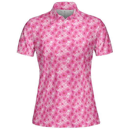 Pink Daisy Floral Polo Shirt for Women Spring Cottagecore Moisture Wicking Short Sleeve Golf Top