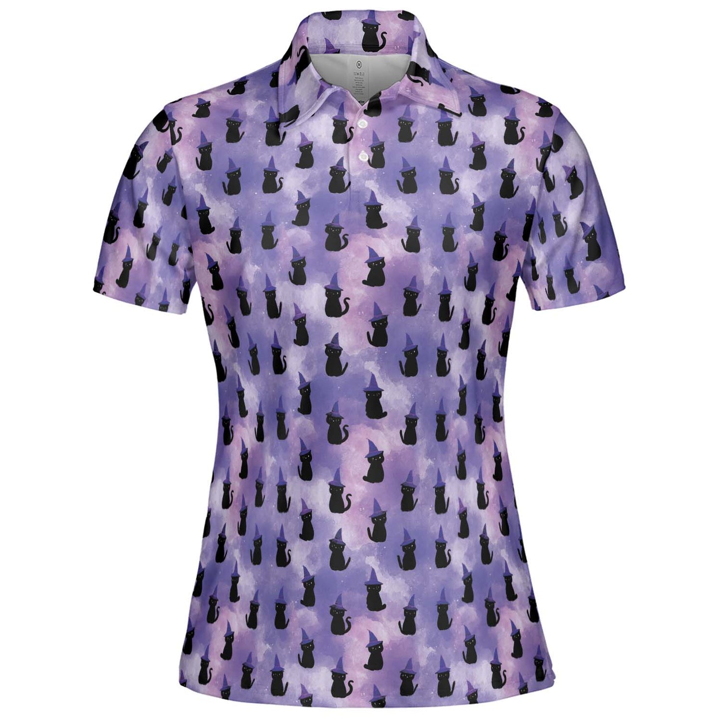 Witch Cat Halloween Polo Shirt for Women Purple Spooky Costume Moisture Wicking Short Sleeve Golf Top
