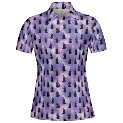 Witch Cat Halloween Polo Shirt for Women Purple Spooky Costume Moisture Wicking Short Sleeve Golf Top