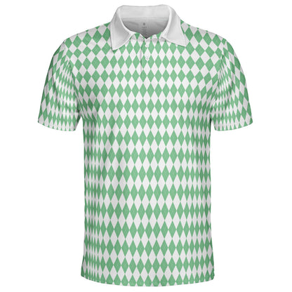 Bavarian Diamond Polo Shirt for Men Green White Checkered Moisture Wicking Short Sleeve Golf Top