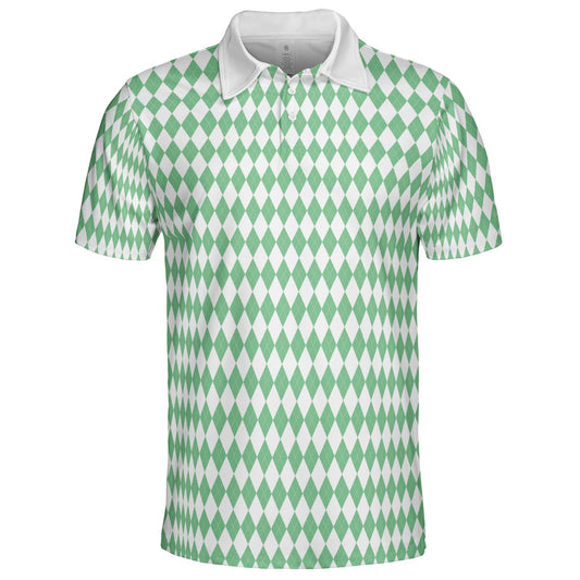 Bavarian Diamond Polo Shirt for Men Green White Checkered Moisture Wicking Short Sleeve Golf Top