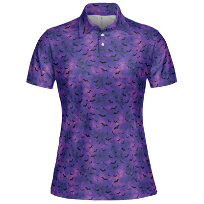 Purple Halloween Bat Polo Shirt for Women Spooky Costume Party Moisture Wicking Short Sleeve Golf Top