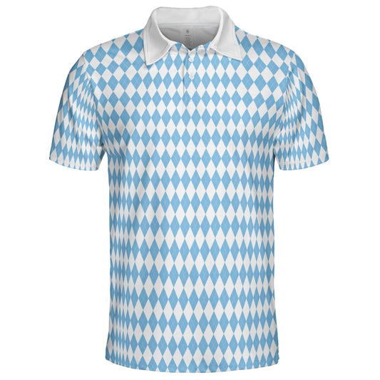 Bavarian Diamond Polo Shirt for Men Blue White Checkered Moisture Wicking Short Sleeve Golf Top