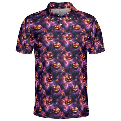 Spooky Jack O Lantern Galaxy Halloween Polo for Men Moisture Wicking Short Sleeve Golf Top