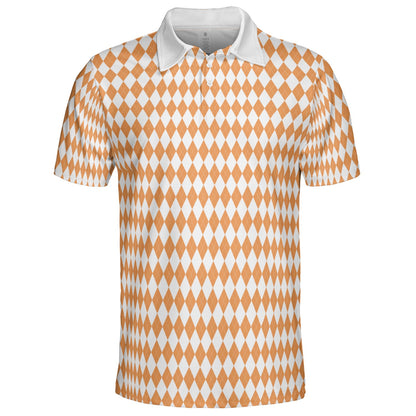 Bavarian Diamond Polo Shirt for Men Orange White Checkered Moisture Wicking Short Sleeve Golf Top