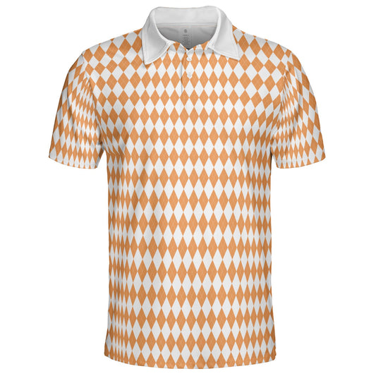 Bavarian Diamond Polo Shirt for Men Orange White Checkered Moisture Wicking Short Sleeve Golf Top