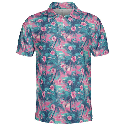 Hawaiian Palm Tree Summer Polo Shirt for Men Moisture Wicking Short Sleeve Golf Top