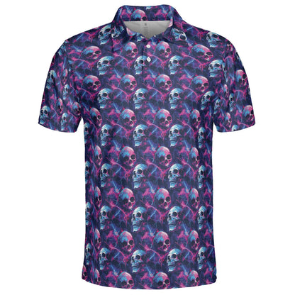 Electric Neon Cosmic Skull Print Halloween Polo Shirt for Men Moisture Wicking Short Sleeve Golf Top