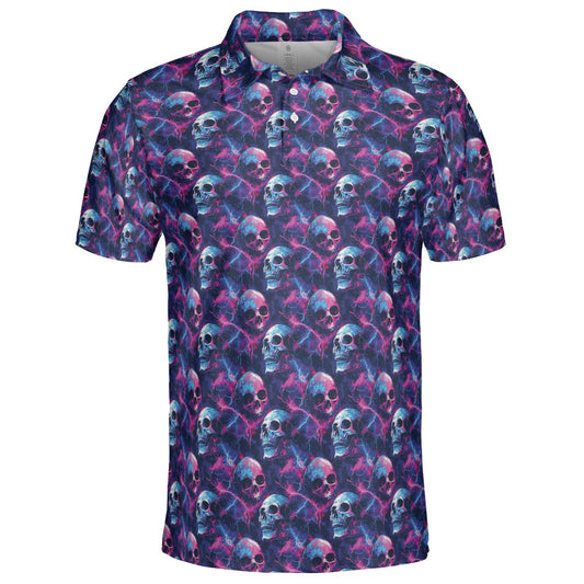 Electric Neon Cosmic Skull Print Halloween Polo Shirt for Men Moisture Wicking Short Sleeve Golf Top