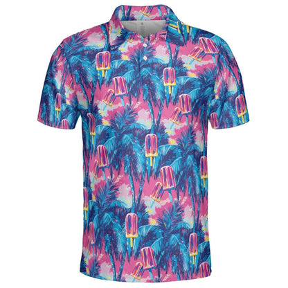 Tropical Popsicle Palm Print Summer Polo Shirt for Men Moisture Wicking Short Sleeve Vacation Golf Top
