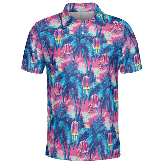 Tropical Popsicle Palm Print Summer Polo Shirt for Men Moisture Wicking Short Sleeve Vacation Golf Top