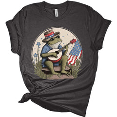 Womens 4th of July Frog Playing Music Patriotic Tshirts USA Short Sleeve Casual Graphic Tops