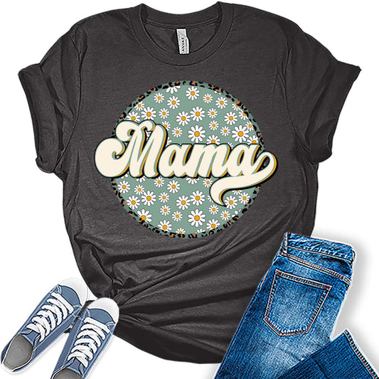 Mama Shirt Cute Sunflower T Shirt Trendy Retro Letter Print Mom Graphic Tees for Women Plus Size Tops