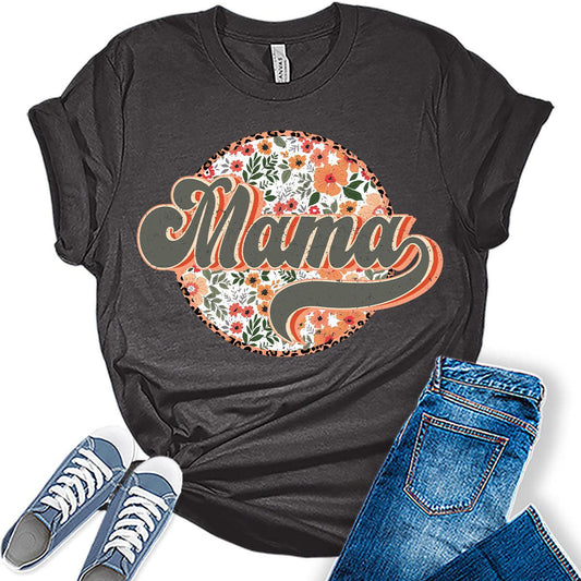 Mama Shirt Cute Floral T Shirt Retro Letter Print Vintage Graphic Tees for Women Plus Size Tops