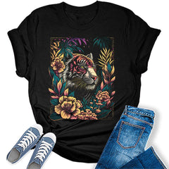 Womens Tiger Shirt Casual Ladies Cute Floral Graphic Tee