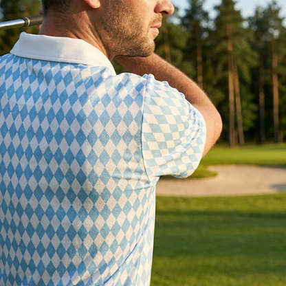 Bavarian Diamond Polo Shirt for Men Blue White Checkered Moisture Wicking Short Sleeve Golf Top