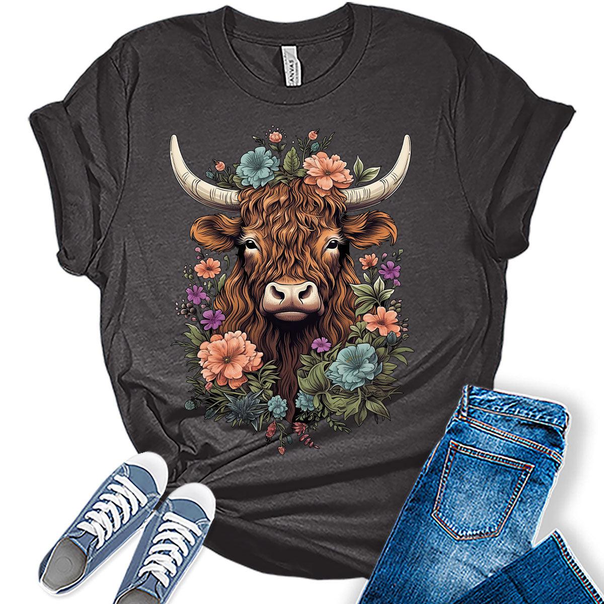 Womens Highland Cow Shirt Cute Cowgirl Tshirt Cattle Bella Graphic Tees Casual Short Sleeve Summer Tops