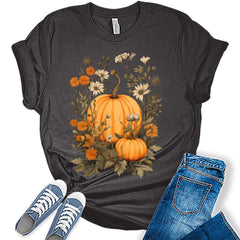 Womens Fall Pumpkin Vintage Flowers Tshirt Cottagecore Girls Graphic Tee Halloween Shirts Tops
