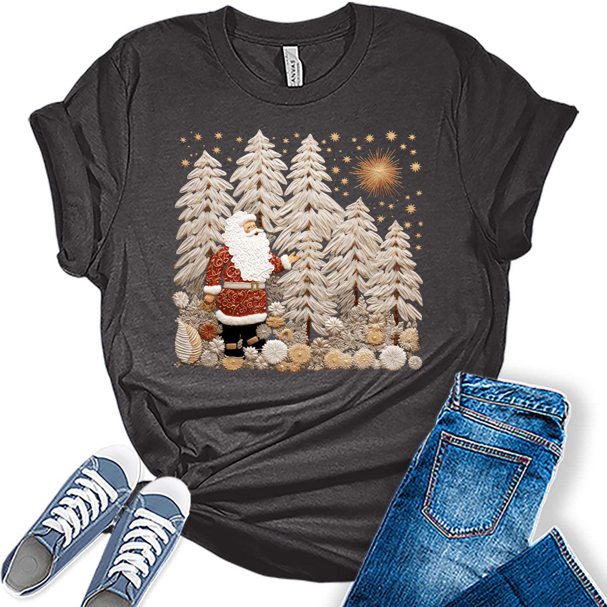 Santa Shirt Boho Christmas Tshirts for Women Vintage Graphic Print Tees