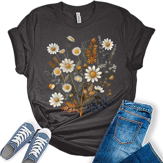 Boho Daisy Shirt Vintage Floral Graphic Tees for Women Wildflower Summer Plus Size Shirts