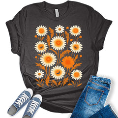 Fall Vintage Flowers Tshirt Women Boho Distressed Wildflowers Girls Graphic Tee Casual Nature Shirts Tops