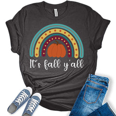 It's Fall Y'all T-Shirt Womens Fall Pumpkin Shirts Tops Halloween Thanksgiving Rainbow Graphic Tees