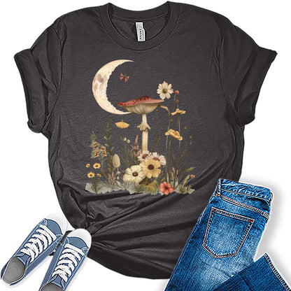 Cottagecore Mushroom Shirt Moon Wildflower Womens Casual Short Sleeve Graphic Tees