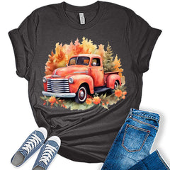 Womens Fall Tops Vintage Pickup Truck Tshirt Flowers Cottagecore Girls Graphic Tee Autumn Shirts