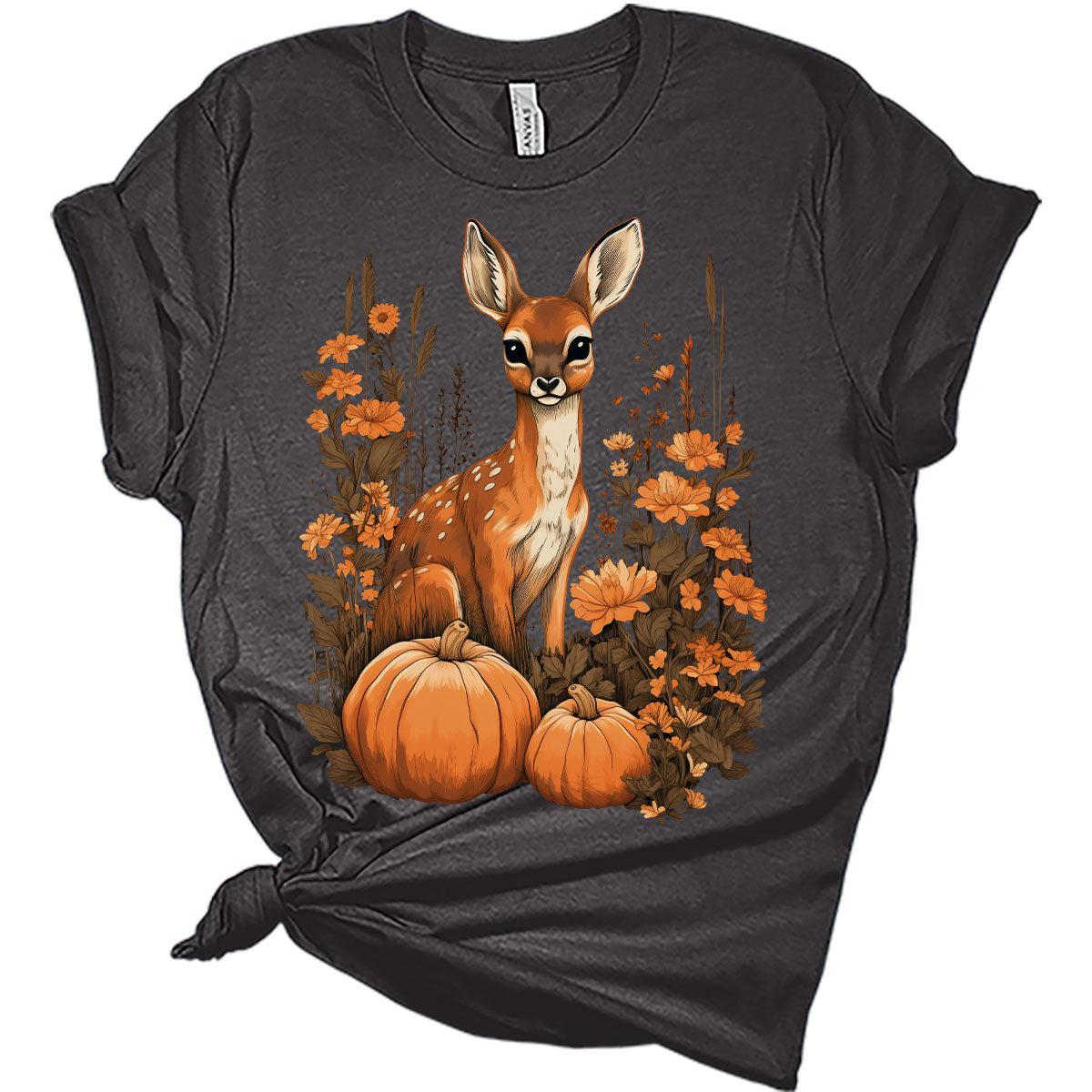 Womens Fall Deer Shirt Cottagecore Pumpkin Floral Cute Girls Graphic Tee Autumn Tops