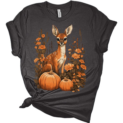 Womens Fall Deer Shirt Cottagecore Pumpkin Floral Cute Girls Graphic Tee Autumn Tops