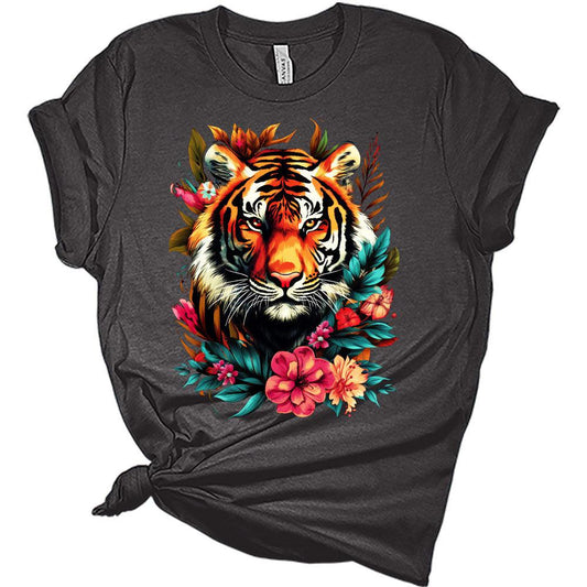 Womens Groovy Floral Tiger Shirts Cute T-Shirt Short Sleeve Tops Summer Crewneck Graphic Tee