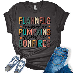 Womens Fall Tops Flannels Pumpkins And Bonfires Vintage Tshirt Girls Graphic Tee Autumn Shirts