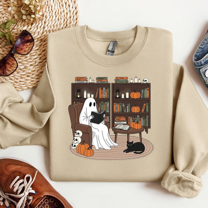 Women's Halloween Cute Ghost Reading Crewneck Sweatshirt
