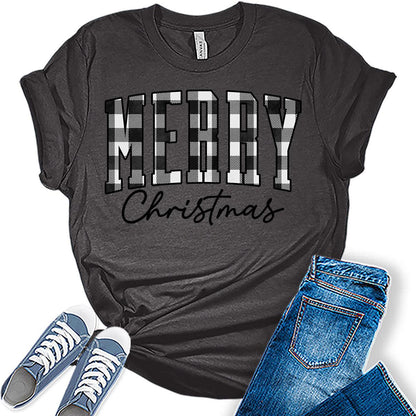 Merry Christmas Shirts for Women Letter Print Tshirts Buffalo Plaid Graphic Tees