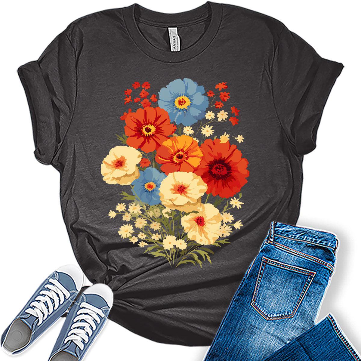 Boho Shirt Vintage Flower Graphic Tees for Women Wildflower Summer Plus Size Shirts