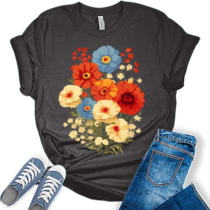 Boho Shirt Vintage Flower Graphic Tees for Women Wildflower Summer Plus Size Shirts