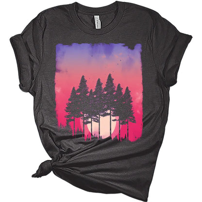 Womens Trendy Graphic Skinny Pine Tree Sunset Sky Shirt Summer Hiking Camping Athletic Tees Nature Casual Comfy Clothes