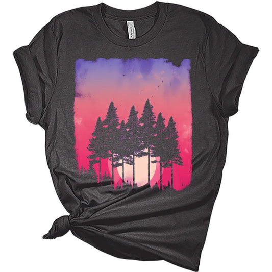 Womens Trendy Graphic Skinny Pine Tree Sunset Sky Shirt Summer Hiking Camping Athletic Tees Nature Casual Comfy Clothes