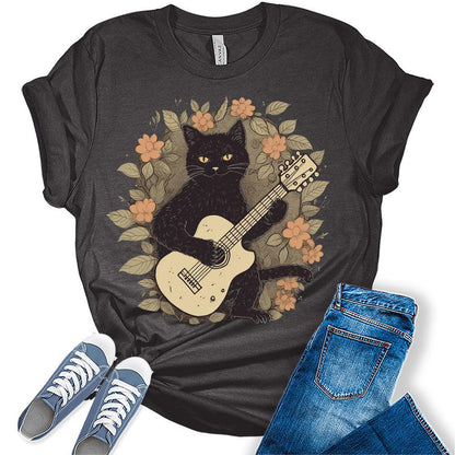 Womens Cat Playing Guitar Casual Ladies Cute Bella Graphic Tees Short Sleeve Floral Tshirts Summer Tops for Women