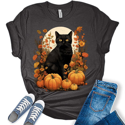 Pumpkin Cat Halloween Shirts for Women Fall Novelty Tshirt Graphic Casual Vintage Athletic Girls Tops