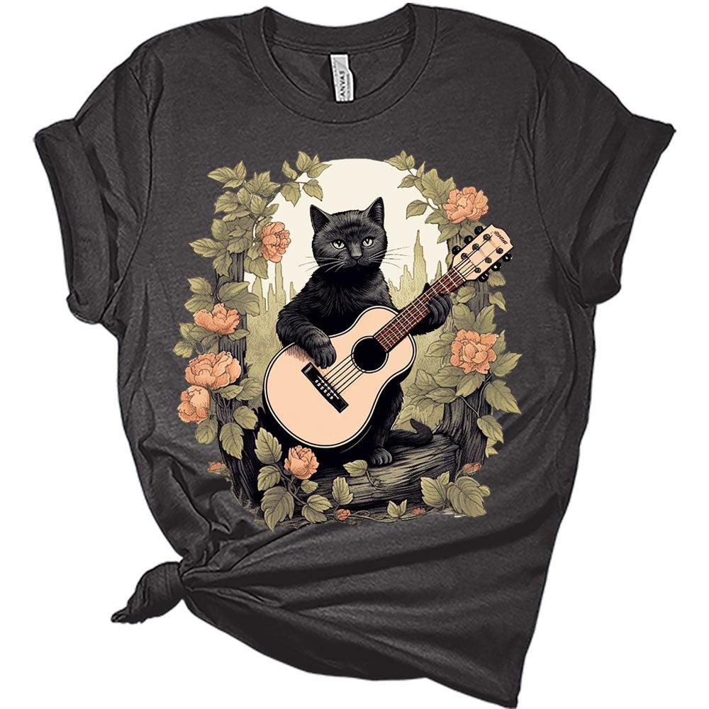 Cat Playing Guitar Shirt Womens Cottagecore Floral Aesthetic T-Shirt