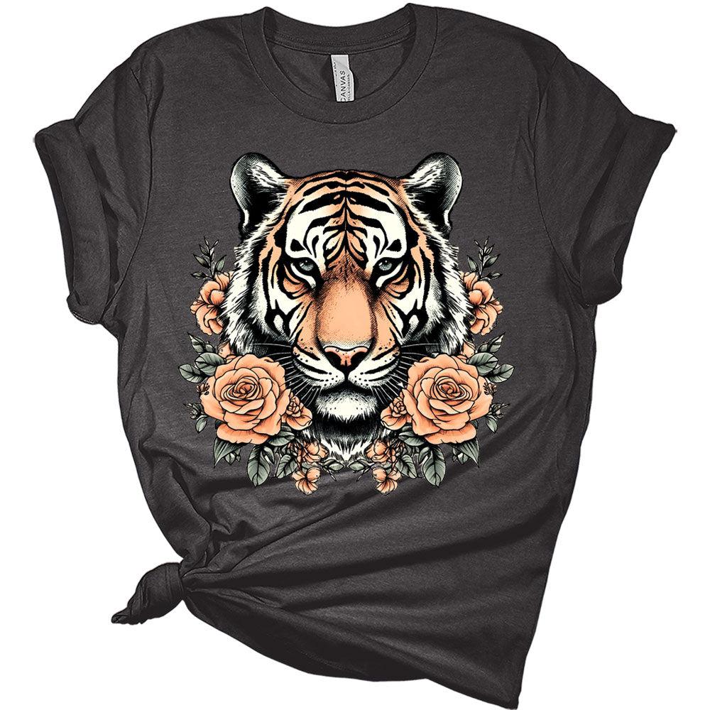 Womens Retro Tiger Shirts Cute Bella Graphic Tees Short Sleeve Floral Summer Tops Casual Crewneck Tshirts