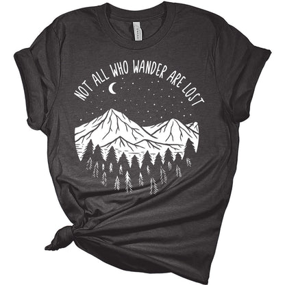 Womens Not All Who Wander are Lost Shirt Camping Nature Hiking Mountain Tops Short Sleeve Graphic Tees