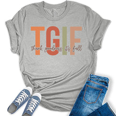 Womens Fall Tops TGIF Thank Goodness It's Fall Vintage Tshirt Letter Print Girls Graphic Tee Retro Shirts