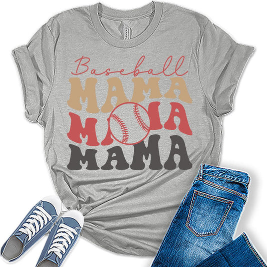 Baseball Mama Shirt Letter Print Graphic Tees Retro Mom T Shirts Plus Size Tops for Women