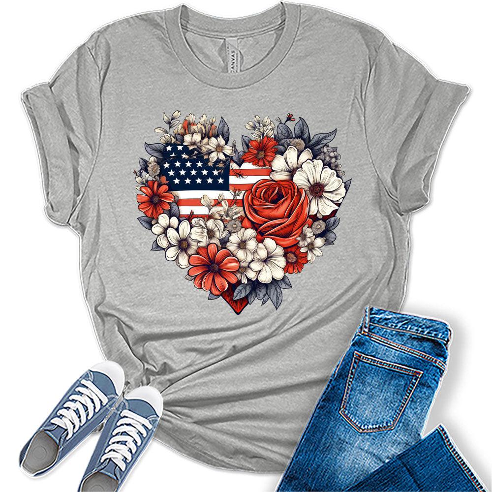 Womens 4th of July Shirts Patriotic American Flag Floral Heart Tshirts Bella Sunflower Short Sleeve Summer Graphic Tees