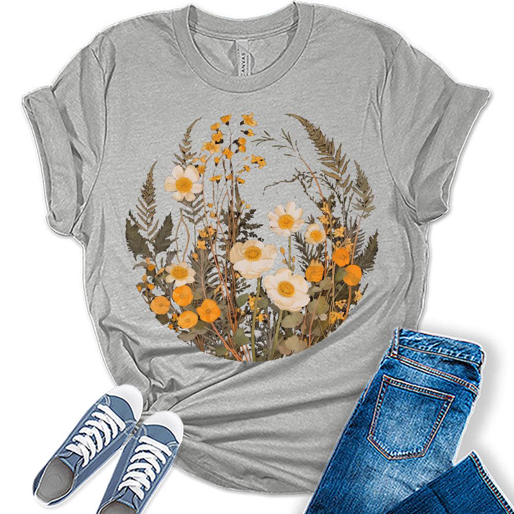 Womens Floral Shirts Trendy Wildflower Graphic Tees Spring Short Sleeve T Shirts Plus Size Summer Tops