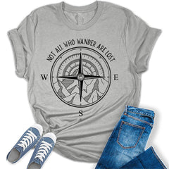 Womens Not All Who Wander Are Lost T-Shirt Camping Hiking Tops Short Sleeve Regular Fit Graphic Tees