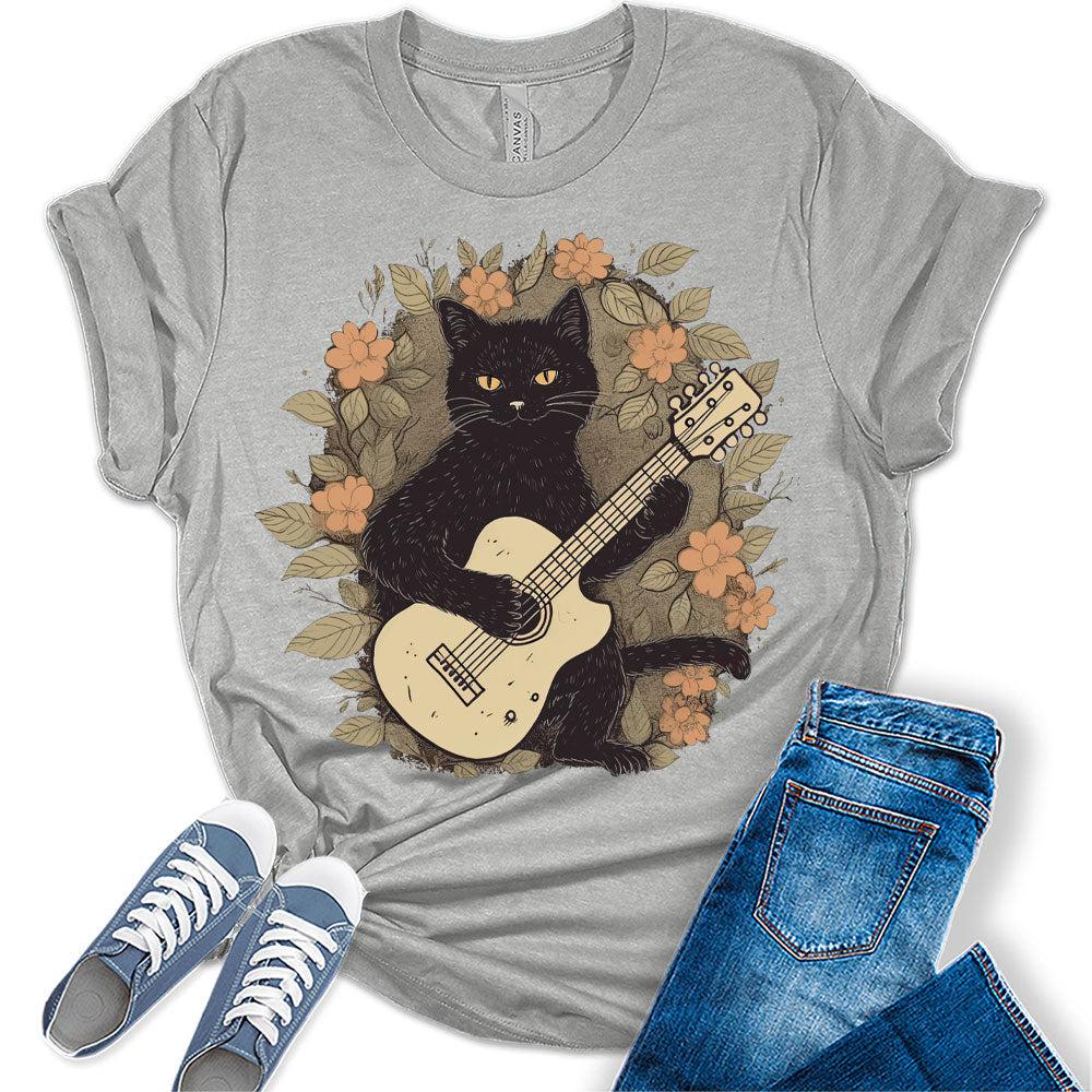 Womens Cat Playing Guitar Casual Ladies Cute Bella Graphic Tees Short Sleeve Floral Tshirts Summer Tops for Women