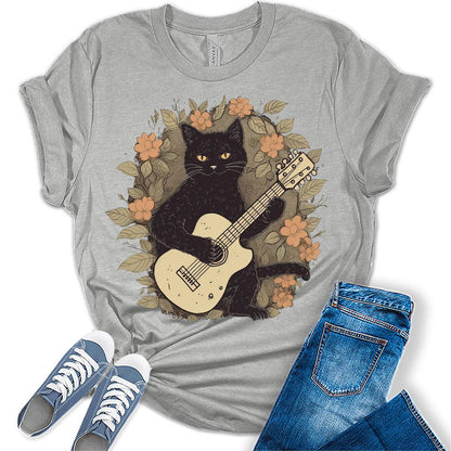 Womens Cat Playing Guitar Casual Ladies Cute Bella Graphic Tees Short Sleeve Floral Tshirts Summer Tops for Women